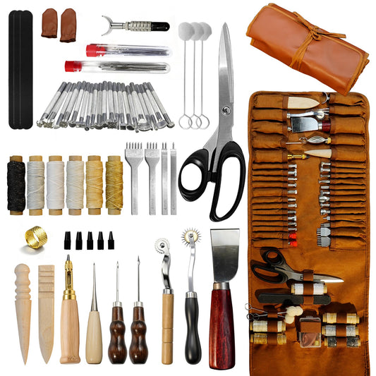 FIOQE Leather Tooling & Crafting Kit for Beginners - 72Pcs Leatherworking Tools with Storage Bag for Sewing, Carving, Punching, Cutting and Stamping, DIY Leather Projects