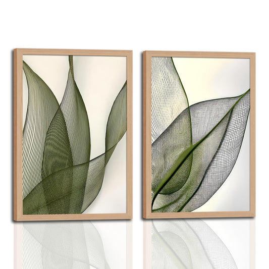Green Leaf Wall Art Set of 2 with Wooden Frame – Minimalist Botanical Plant Prints, Modern Boho Tropical Leaves Painting, Framed Picture Wall Decor 12x16 Inch