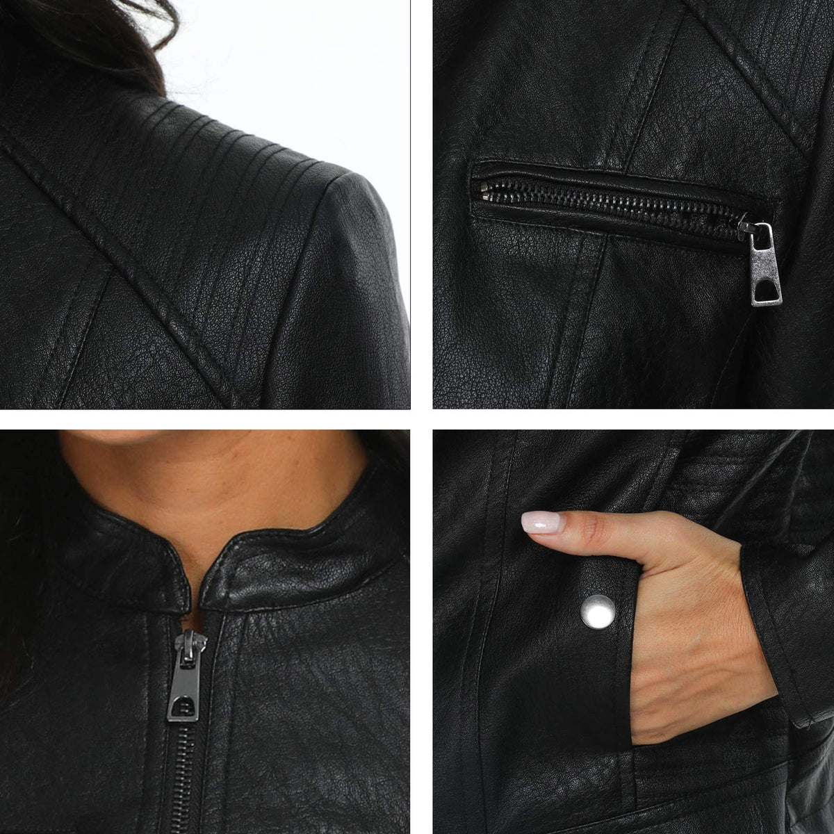 Fahsyee Faux Leather Jacket for Women, Moto Biker Slim Vegan MotorcycleZipper Coat Outwear, Black, Size S