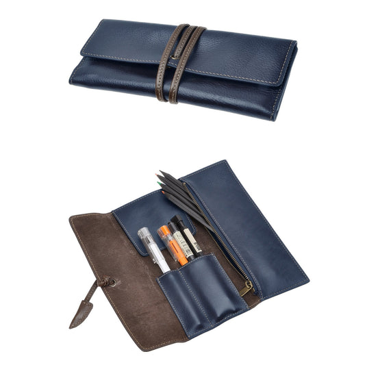 ZLYC Handmade Leather Pencil Case Soft Roll Bag Stationery Gift for Student, blue, Travel Vintage