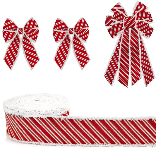 On-Airstore Christmas Fabric Ribbon 50 Yards Red White Stripe Ribbons Wired Velvet Edge Xmas Glitter Burlap Decor Ribbon for Christmas New Year Party Gift Wrapping Craft Hanging Decoration Supplies
