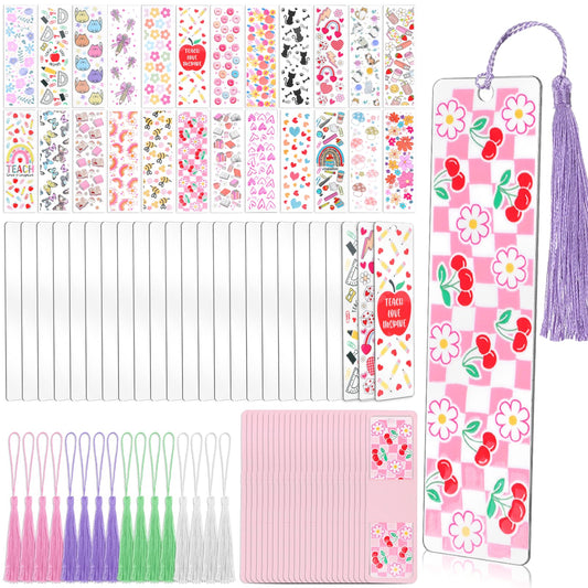 Oqqlin 24 Set Acrylic Bookmark Blanks, 24 Sheets UV DTF Stickers 4 Colors Tassels Clear Packing Bags and Pink Bookmark Display Card for Hanging Tag, DIY Crafts, Gift, Bookmarks