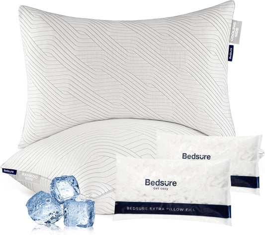 Bedsure Memory Foam Pillows - Adjustable Firm Queen Size Set of 2 | Cooling Dual-Sided Design with Bamboo Pillowcases
