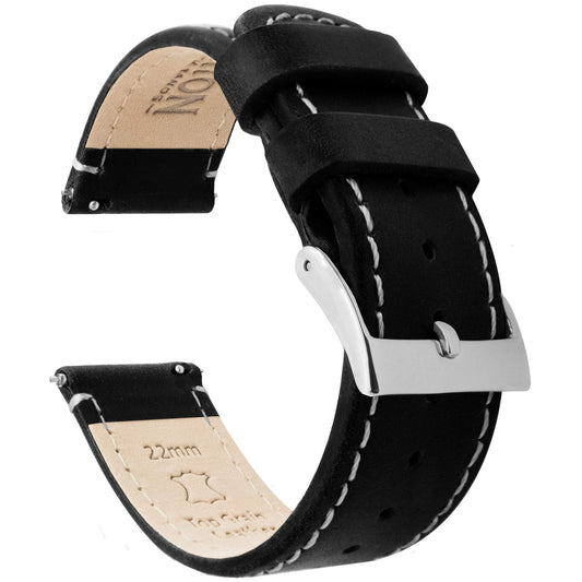 BARTON WATCH BANDS Quick Release Top Grain Leather Watch Band Strap, Black Leather/Linen White Stitching, 18mm