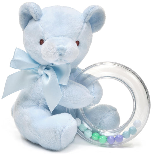 Bearington Collection Baby Polky Blue Plush Stuffed Animal Teddy Bear Shaker Toy Ring Rattle, 5" - Baby Boy Toys - Stuffed Animal for Kids