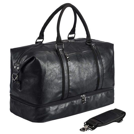 Leather Travel Bag with Shoe Pouch,Weekender Overnight Bag Waterproof PU Leather Large Carry On Bag Travel Tote Duffel Bag for Men or Women-Black