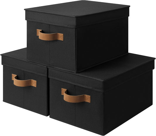 StorageWorks Black Storage Bins - Decorative Foldable Boxes with Lids & PU Handles | Large 3-Pack