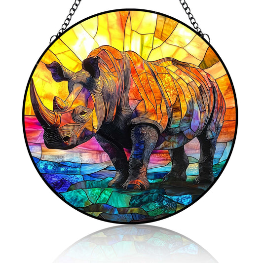 Wildlife Rhino Stained Glass Suncatcher Rhinoceros Handmade Window Hangings Colored Glass Suncatcher Crafts Kits for Indoor Garden Christmas Home Decor (6.3in)