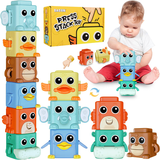 BASUN Stacking Toys Set for Toddlers 18+ Months, 6 in 1 Infant Sensory Toys with Changing Expressions, Pressable Animal Stacking Blocks, Christmas Birthday Gifts for 1 2 3 4 Years Old Baby Boys Girls