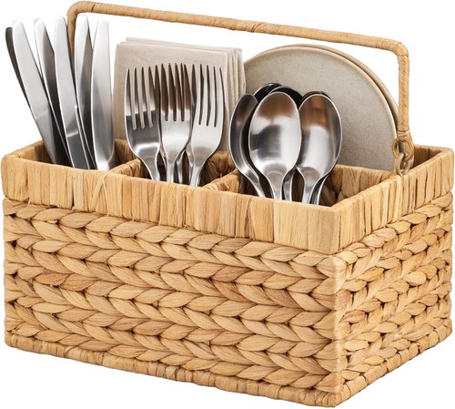 Best Choice Products Utensil Caddy - Woven Wicker 4-Compartment Silverware Organizer | Natural Cutlery Holder for Kitchen & Events