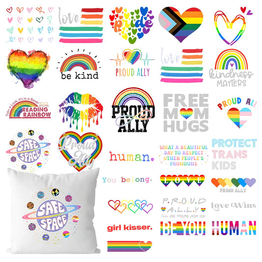 Kaudzut Gay Pride Months Iron on Transfers 20/30 Pcs Rainbow Heart LGBTQ Proud DTF Decals for Clothing DIY Crafts(StyleD-30pcs)
