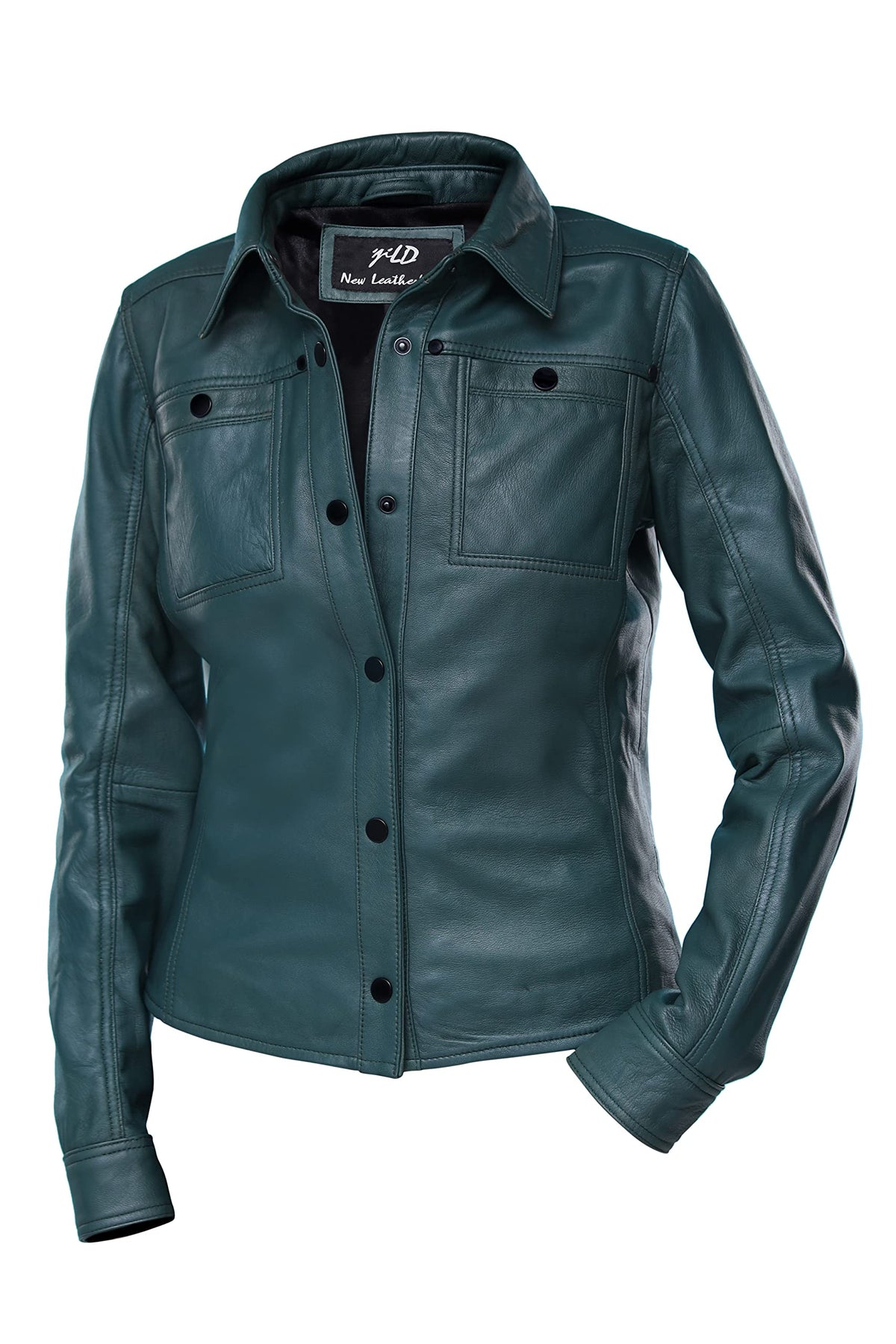 Jild Womens Button Front Lambskin Leather Jacket Shacket - Casual Shirt Long Sleeve Leather Jacket Women with Bust Pocket (Green-L)