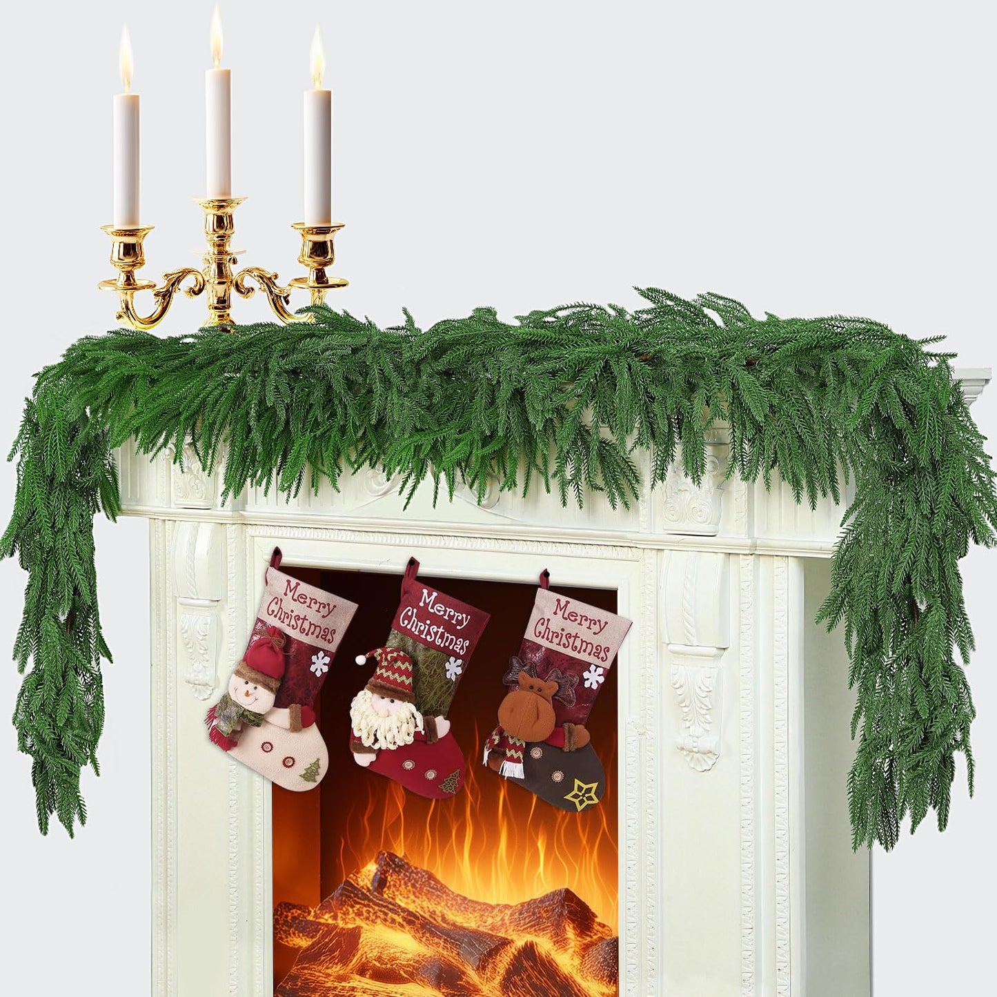 6 Ft 2 Pcs Artificial Norfolk Pine Garland, Real Touch Green Faux Greenery Garland for Christmas Table, Mantle, Wall, Fireplace, Indoor Outdoor Decor