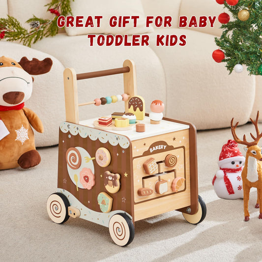 Wooden Baby Walker Push Walker with Adjustable Speed, Montessori Bakery Toy Walker with Coffee Machine & Play Food for 1 Year Old, First Birthday Gift