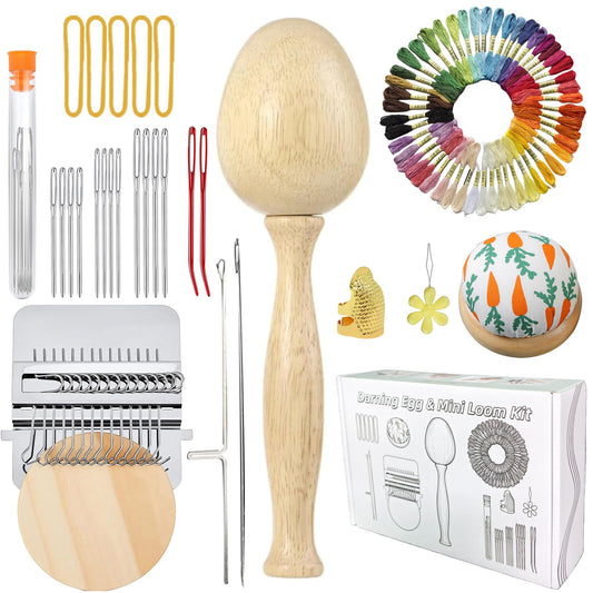 Darning Egg, Mini Darning Loom, Darning Egg Weaving Tool Set with Small Weaving Loom Kit with 14 Pcs Large Eye Needles 50 Colors Darning Thread for DIY Handicraft Home Sewing Care