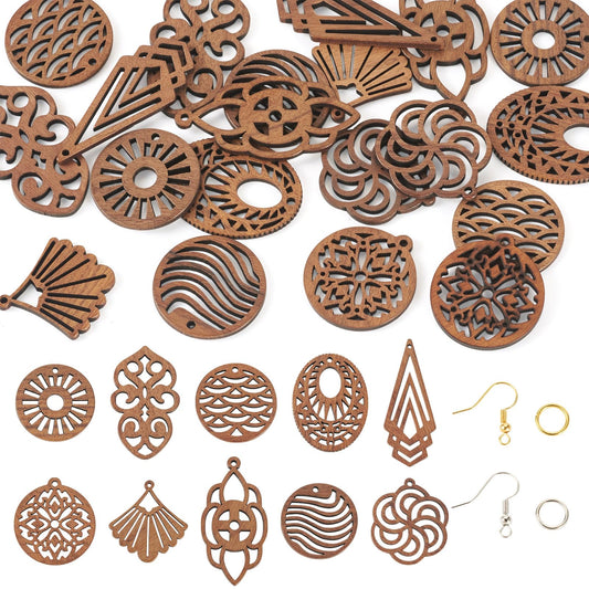 Elecrelive 10 Pairs Wooden Dangle Earring Making Kit Teardrop Oval Flower Leaf Shapes Natural Wood Earring Blanks with Hooks for DIY Craft Jewelry Making