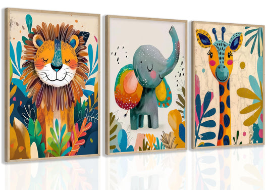 3Pcs Safari Animal Nursery Canvas Wall Art Cute Watercolor Elephant Giraffe Lion Pictures Wall Decor Colorful Jungle Animals Posters Painting Prints for Kids Room Baby Boys and Girls Room, Unframed