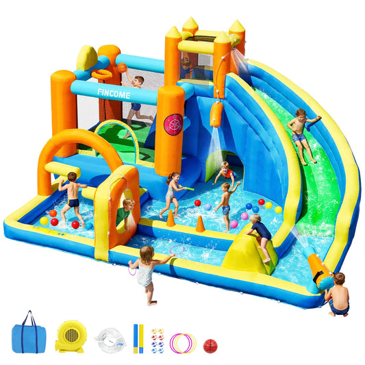 FINCOME Inflatable Bounce House with Water Slide, Kids Bouncy Castle with 480W Blower Slide Steeplechase Jumping Climbling Ring Toss Ball Hoop, Outdoor Indoor Bouncing House for Birthday Party Holiday