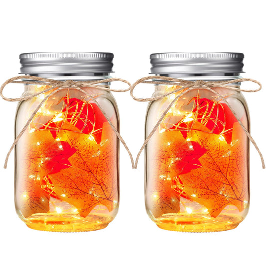 LemonRoad 2 Sets Thanksgiving DIY Craft Kit DIY Glass Mason Jar Solar Lanterns Fall Maple Leaf Table Centerpieces Decoration with Rope Brush Glue for Autumn Party Decor Classroom Activities Crafts
