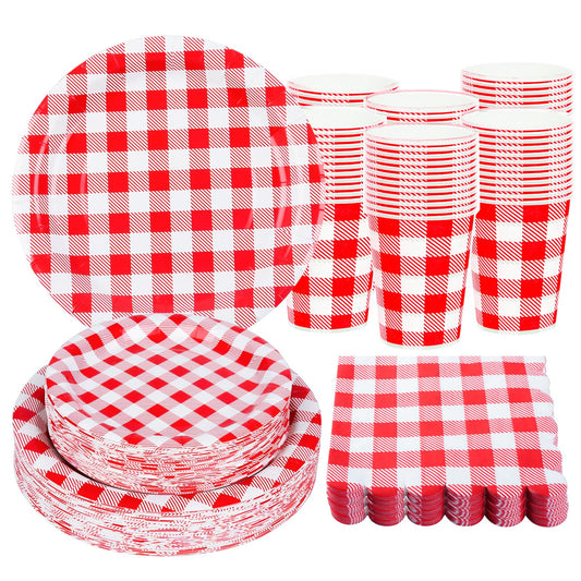200Pcs Christmas Red Gingham Party Supplies Red Gingham Paper Plates and Napkins Cups Plaid Party Plates Disposable Reds and White Checkered Plates for Christmas Birthday Family Picnic，Serves 50