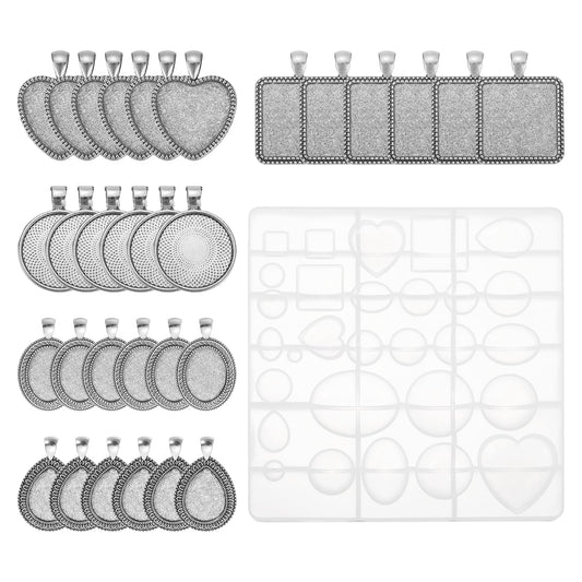 MECCANIXITY Jewelry Resin Mould, Silicone Resin Moulds with 30pcs 5 Style Metal Pendant Trays with Texture for DIY Crafts Earring Necklace Jewelry Making Kit, Silver