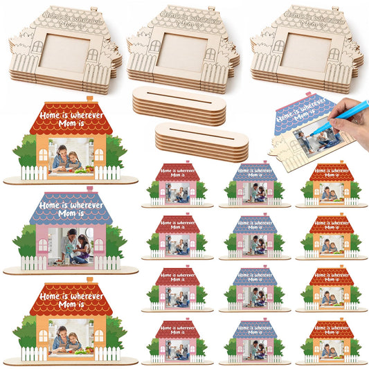 Gerrii 24 Pcs Mother's Day Wood Picture Frame Crafts Kit for Mom DIY Coloring Picture Frame from Daughter Son for Mom Gifts Photo Props Decorations Home Party Dinner Table Decor (House)