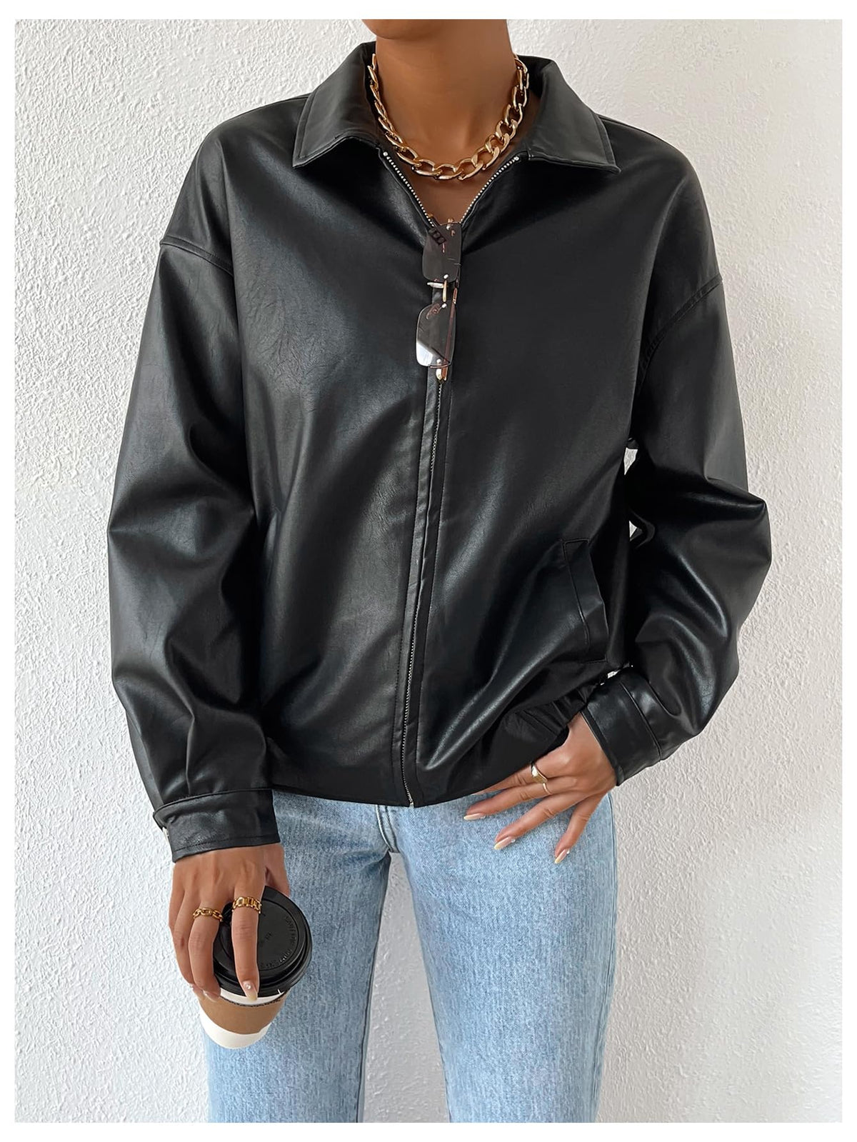 MakeMeChic Women's Faux Leather Shacket Long Sleeve Zip Up Motorcycle Jacket Biker Coat Black S