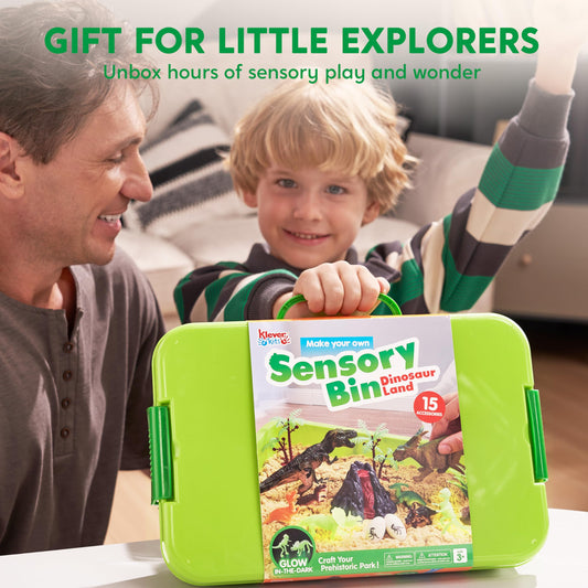 JOVA Klever Kits Dinosaurs Sensory Bin Toys for Toddlers with Glow in The Dark Dinosaurs, Sandbox with Lid Sand, Preschool Learning Activities Gifts for Boys Girls Age 3+
