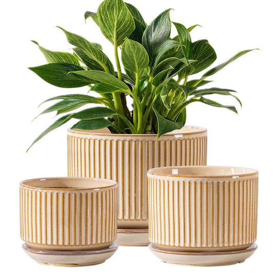 SURE YUESI Beige Ceramic Plant Pots Set of 3 (4.3”+5.5”+6.7”), Striped Planters with Drainage Hole, Saucer & Mesh Pads, Decorative Pots for Indoor & Outdoor Plants