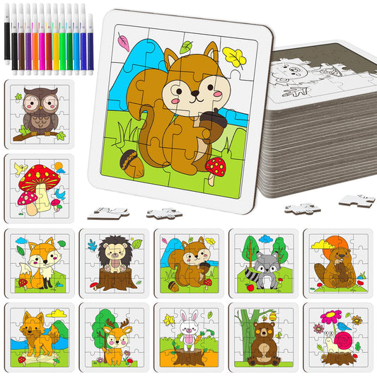 Cinrobiye Woodland Animals Coloring Jigsaw Puzzles Bulk DIY Forest Creatures Puzzle Craft with Color Pens Wildlife Animals Gifts for Home School Art Project Game Rewards Birthday Woodland Party Favors