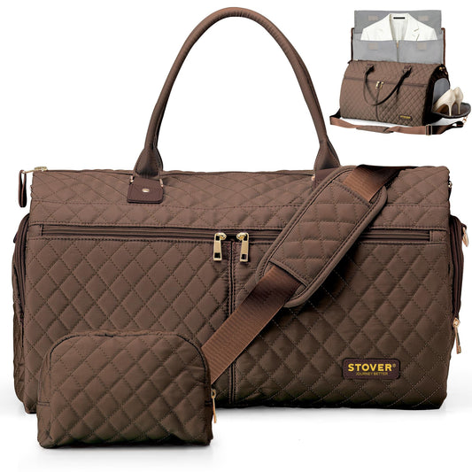 STOVER Women’s Convertible Garment Duffel Bag for Travel – 2-in-1 Carry-On Weekender/Overnight Tote - Wrinkle-Free Dresses, Suits & Clothes + Shoe Compartment & Bonus Toiletry Bag (Mocha Brown)