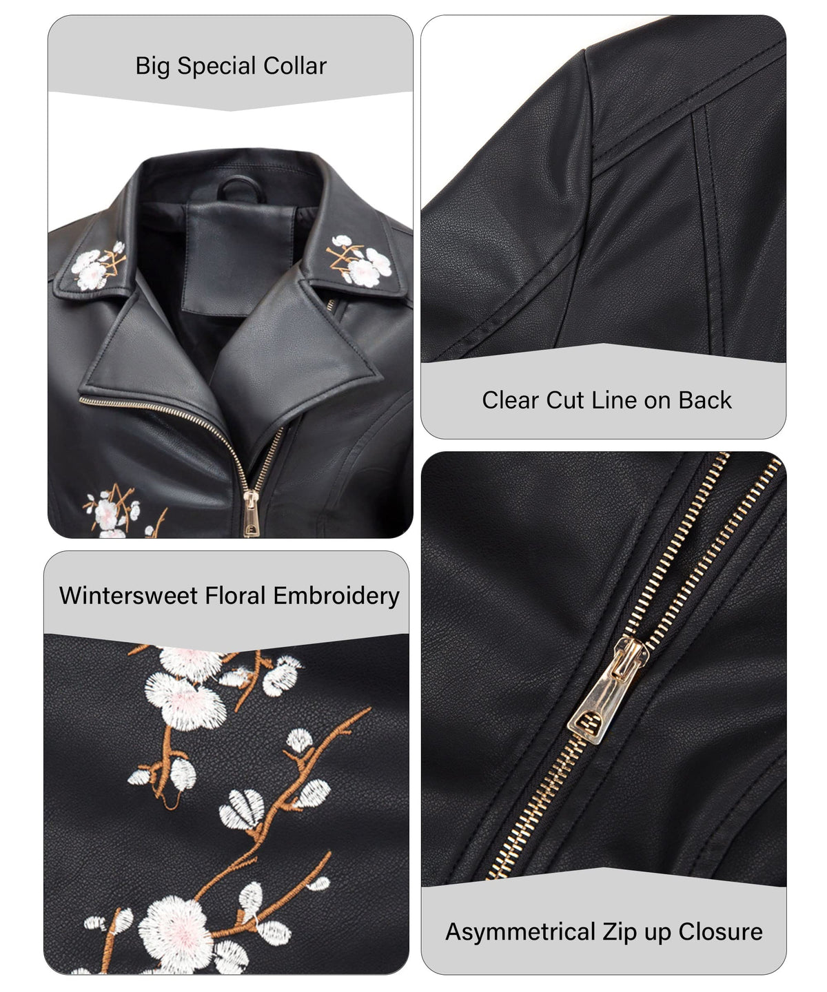 Bellivera Women's Faux Leather Embroidered Casual Lapel Jacket Floral Lightweight Moto Biker Coat for Spring Fall 1702021 Black M