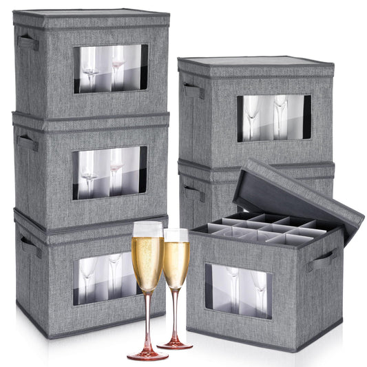 Uiifan 6 Pack Stemware Storage Box Set with Dividers, 12 Compartments Wine Glasses Storage Containers Cases Dust-proof, Transparent Window, Handles for Moving(Gray)