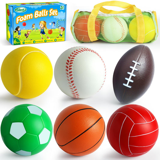 Billeeit Mini Sports Balls Set for Toddler 1-3, Sports Bag for Kids, Include 1 Each of 3.5" Foam Soccer, Tennis Ball, Basketball, Football, Baseball, Volleyball, Fun Baby Ball Toys, Set of 6