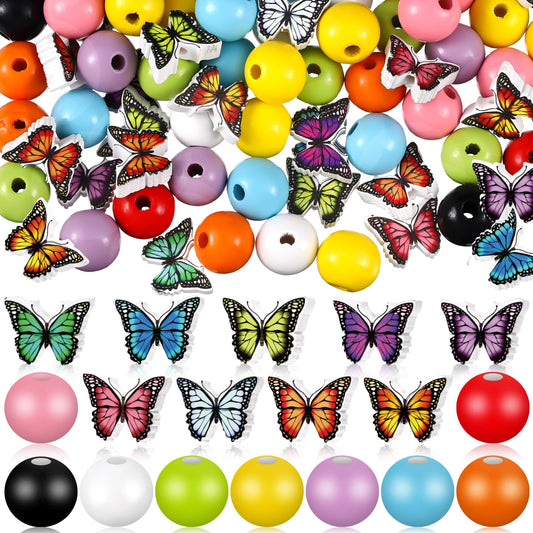 Tradder 200 Pcs Butterfly Wooden Beads for Crafts 16mm 20mm Colorful Assorted Loose Spacer Round Butterfly Wood Beads for DIY Crafts Necklace Bracelet Jewelry Making Garland Home Decor