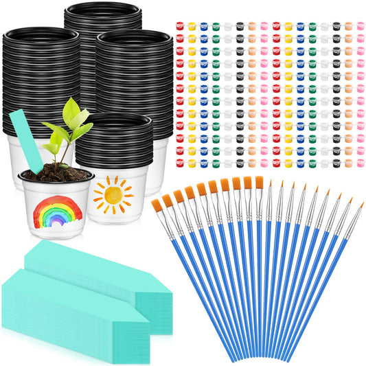 FillTouch 175 Pcs Mini Acrylic Paint Set for Gardening 50 Plastic Plant Pot Craft with Holes 25 Set Paint Strip with Brushes 100 Green Plant Label Your Own Pot for Gardening Activity