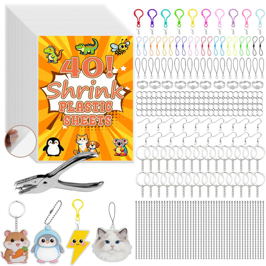 Yalumo 301 Pcs Shrink Plastic Sheets Kit, 40 Shrink Paper Sheets 5.7 x 7.9 Inch with Earring, Ring and Keychain Accessories for DIY Shrinky Art, Ornament, Craft Project, Handmade Gift and Home Decor