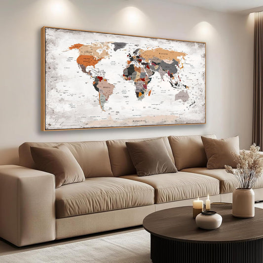 BQVCT Large World Map Wall Art, Framed Canvas Print, Office World Map Wall Decor Map of the world Picture Artwork Decor for Home Bedroom Decoration 24 x 48 inch Ready to Hang