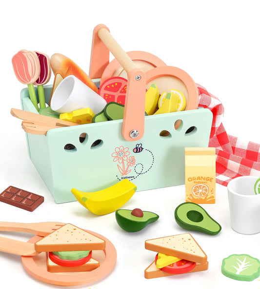 KizKnows Wooden Toy Picnic Playset, 31 Pcs Wooden Play Food Sets Sandwich Stacking Toys for Kids Pretend Play Cutting Food Toys Toddlers Play Kitchen Accessories Gift for Girls Boys Age 3+