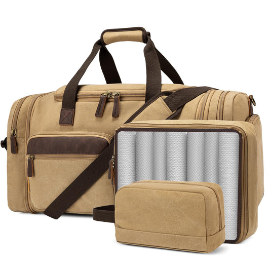 Mens Duffle Bag for Travel 60L Expandable Canvas Weekender Overnight Travel Duffel Bag with Shoe Compartment Carry-On for Airplanes Khaki