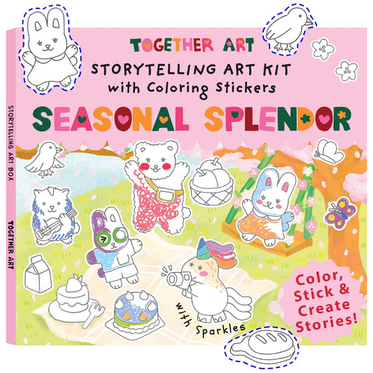 Together Art Seasonal Splendor: Color Your Own Stickers Storytelling Kit - 4 Seasons in 1 DIY Craft for Kids Ages 3+ (Camping, Beach, Christmas) - Road Trip Travel Activities & Homeschool Art Supplies