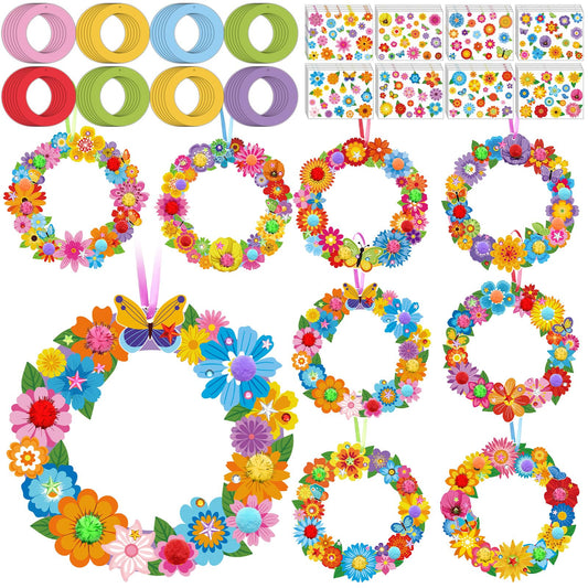 Hollowfly 48 Sets Flower Wreath Craft Kits DIY Summer Hanging Ornaments Decoration Make Your Own Floral Paper Craft with Stickers for Spring Summer Party Favors Seasonal Activities Supplies
