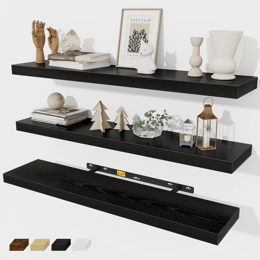 Fun Memories 32 Inch Floating Shelves Wall Shelf Set of 3, Black Bathroom Shelves 32 Inch, Farmhouse Home Decor Living Room, Kitchen Black Shelves for Wall, 32 x 6.7 x 1.4 Inch