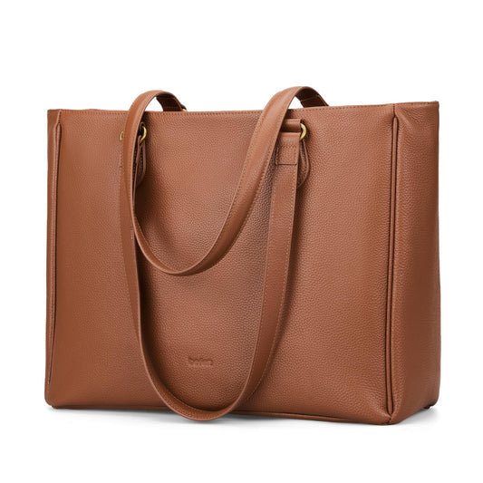 befen Real Leather Work Tote Bag for Women Multi-Pockets Shoulder Totes Purse Satchel Office Bags Handbag with Cup Holder for Work & Travel Cognac Brown