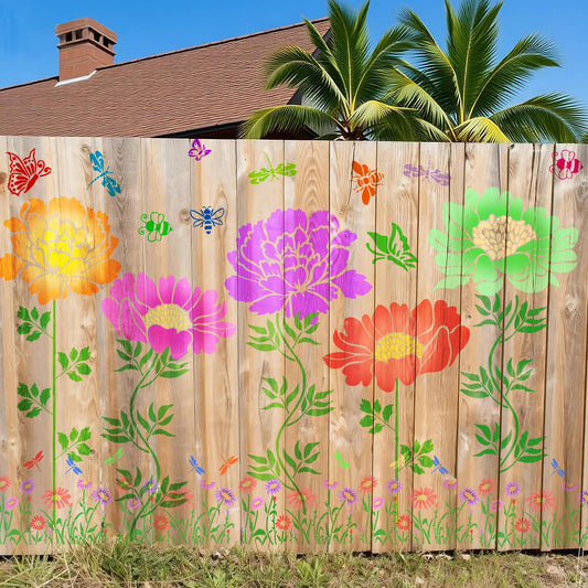 12Pcs Large Flower Stencils for Painting on Wood Fence, 14 Inch Reusable Fence Stencil, Peony Floral Stencils on Wall Wood Floor Canvas Paper Furniture Fabric