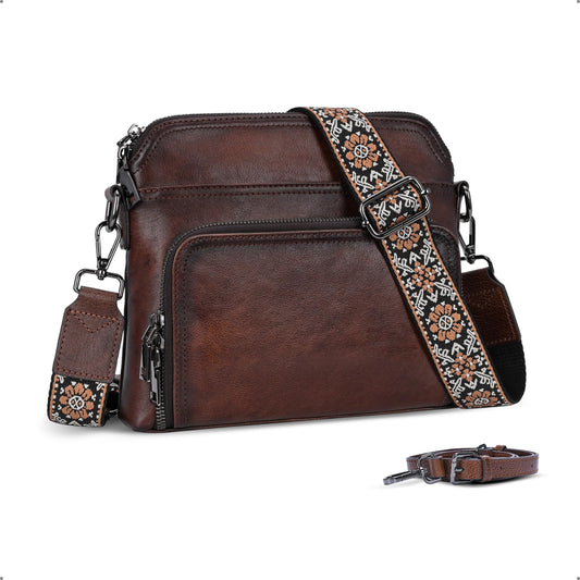 HESHE Genuine Leather Crossbody Bags for Women Satchel Purses Shoulder Handbags with 2 Adjustable Strap Hobo Purse (Coffee)