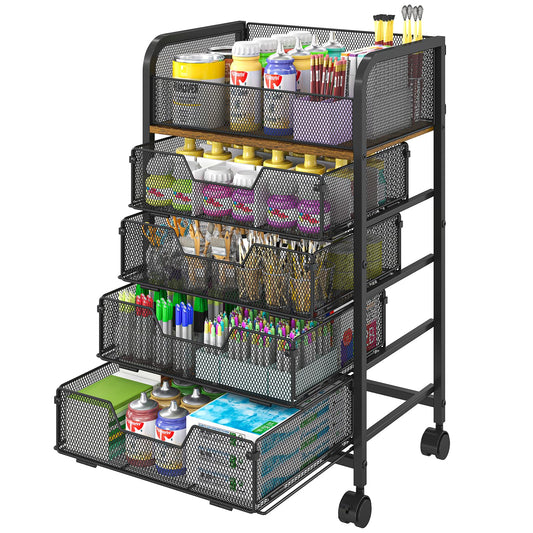 Yociyoga 5-Tier Craft Cart with Wheels-Rolling Storage Cart with Drawers,Rolling Utility Cart with DIY Divider,Art Supply Organizer Cart,Rolling Cart with Drawers,Craft Organizers and Storage,Black