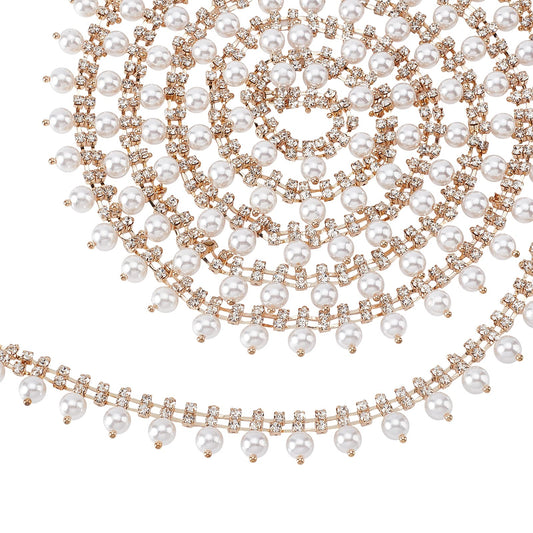 AHANDMAKER 2 Yard Rhinestone Fringe Trim, Gold Tassel Rhinestone Chain Sew on Edging Pearl Beaded Applique Chain for Home Decor Wedding Bouquets Dress Embellishment Costume DIY Jewelry Craft Projects