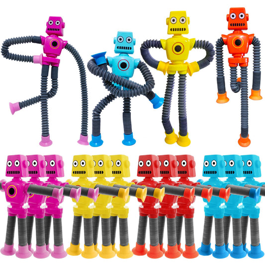 16 PCS Suction Cup Robot Toy,Shape Changing Telescopic Pop Tubes Autism Sensory Toy Kids Girls Boys Toddlers Adult,Funny Robot Action Figure Bendable Fidget Toy Gift Birthday Party Favors Christmas