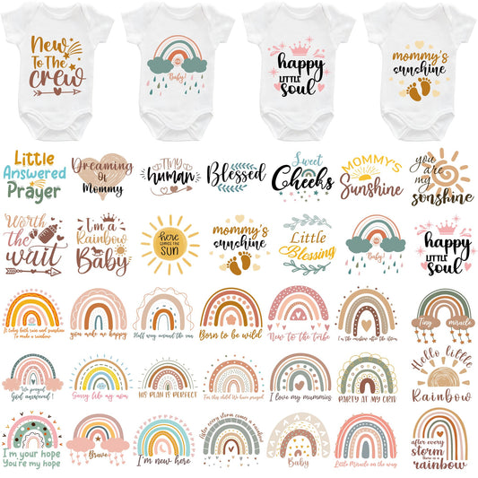 Rainbow Baby Iron on Transfers, 36 PCS Boho Onesie Decorating Kit Baby Shower, Fun Heat Transfer Stickers, Iron on Decals for T Shirts Hoodie Bibs Bodysuit Clothing DIY Crafts